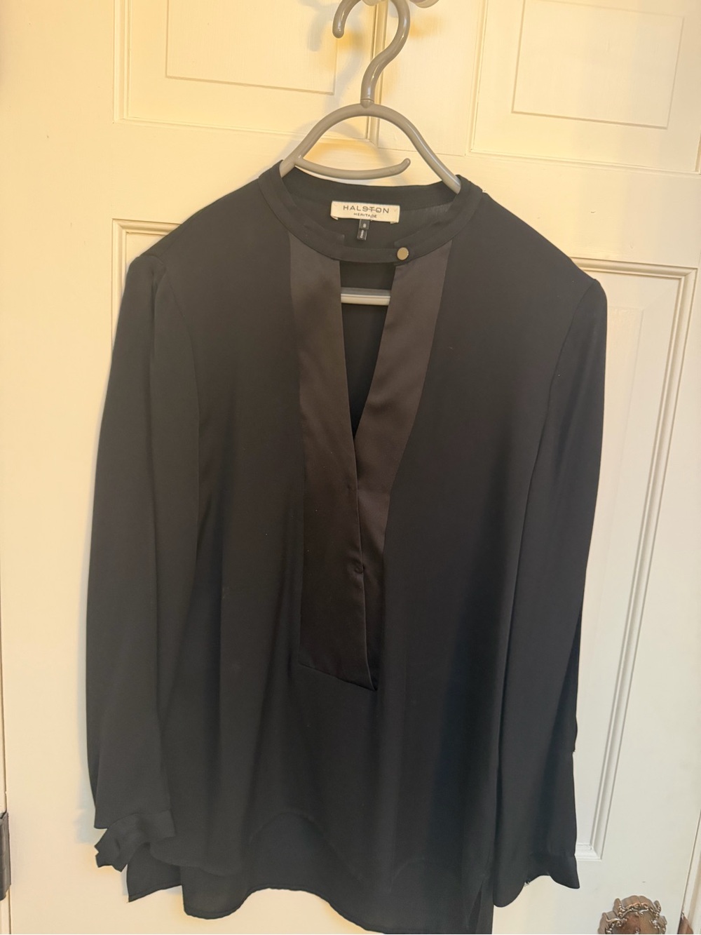 Halston Heritage Black Satin-Trim Long Sleeve Dress Shirt